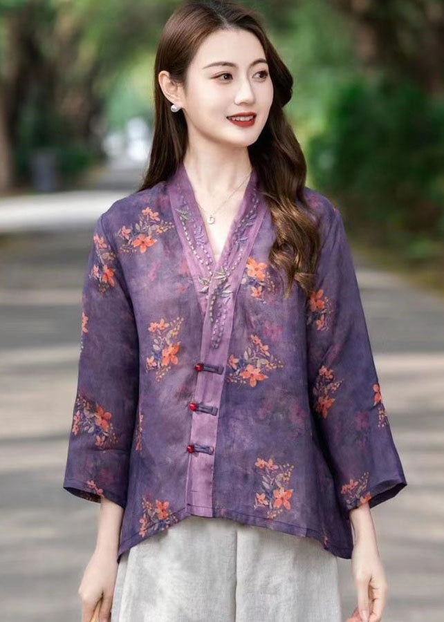 Blue V Neck Print Patchwork Linen Top Long Sleeve