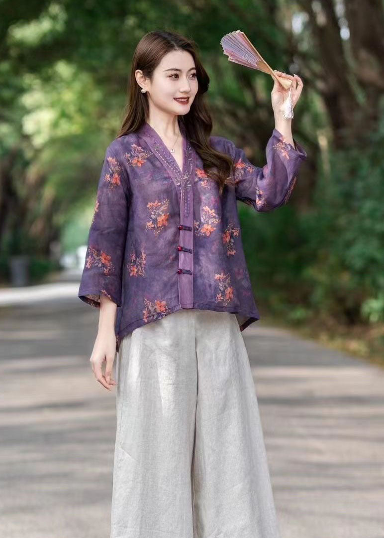 Blue V Neck Print Patchwork Linen Top Long Sleeve