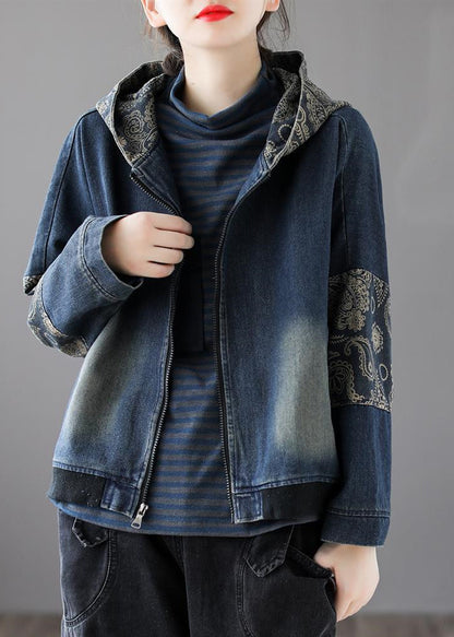 Blue V Neck Print Patchwork Zippered Cotton Denim Coat Long Sleeve