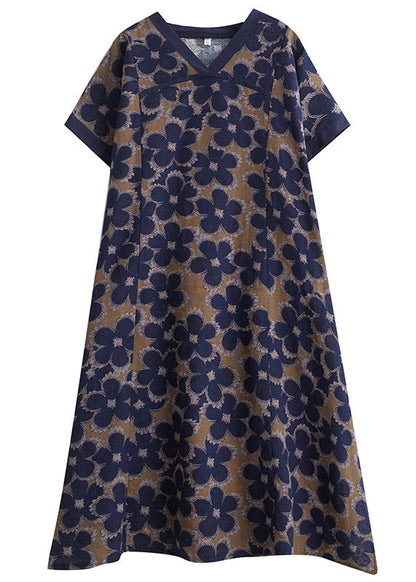 Blue V Neck Print Robe Dresses Short Sleeve