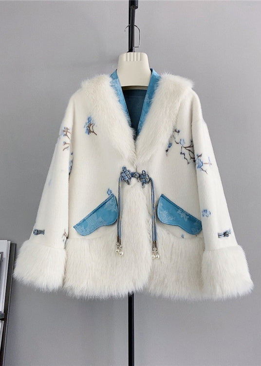 Blue V Neck Tasseled Chinese Button Wool Mink Cashmere Winter