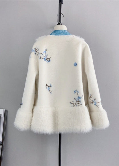 Blue V Neck Tasseled Chinese Button Wool Mink Cashmere Winter