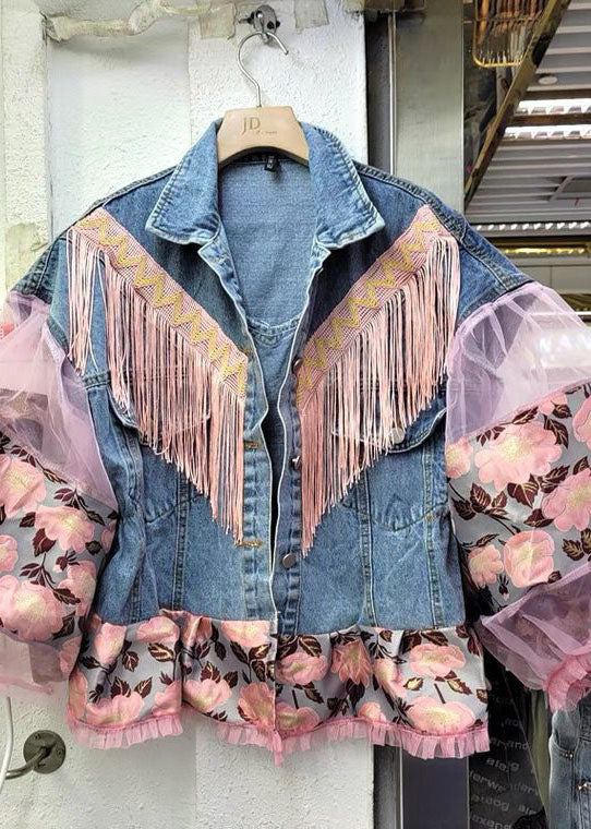 Blue Lantern Sleeve Patchwork Button Fall Denim Jackets
