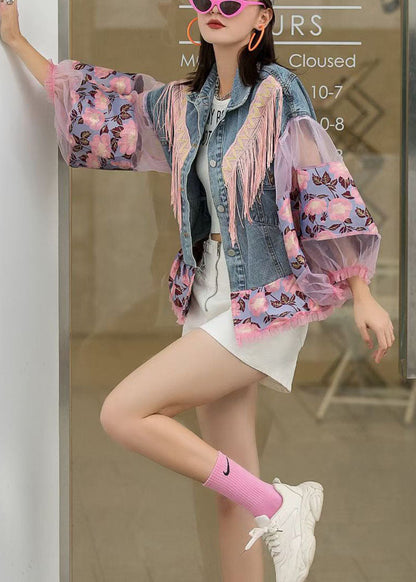 Blue Lantern Sleeve Patchwork Button Fall Denim Jackets