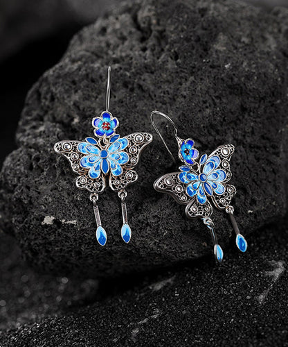 Boutique Blue Sterling Silver Butterfly Plum Blossom Tassel Drop Earrings
