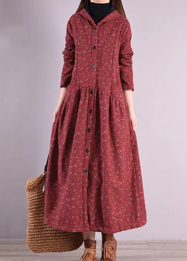 Brick Red Hooded Patchwork Warm Fleece Coats Winter