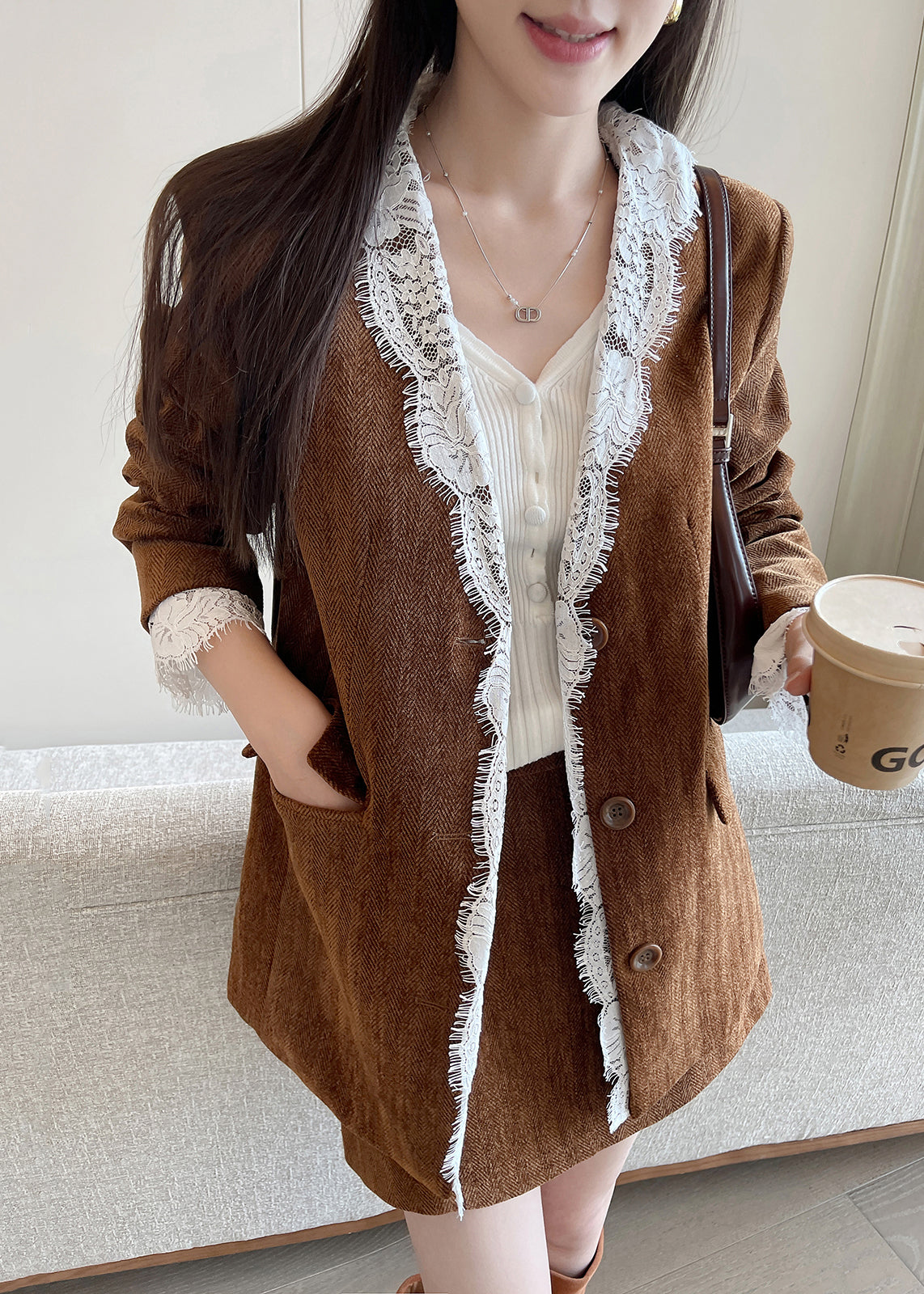 Brown Button Lace Patchwork Silk Velvet Coats Fall