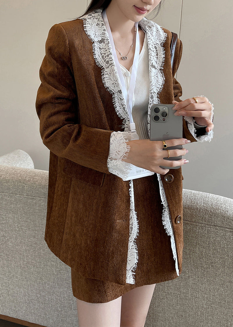 Brown Button Lace Patchwork Silk Velvet Coats Fall