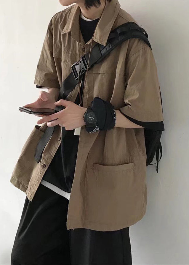 Brown Button Pockets Cotton Shirt Summer