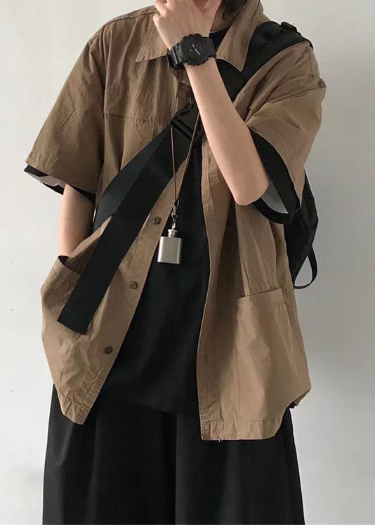 Brown Button Pockets Cotton Shirt Summer