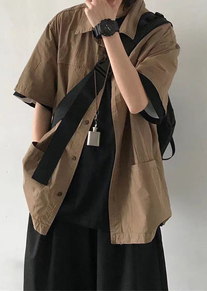 Brown Button Pockets Cotton Shirt Summer