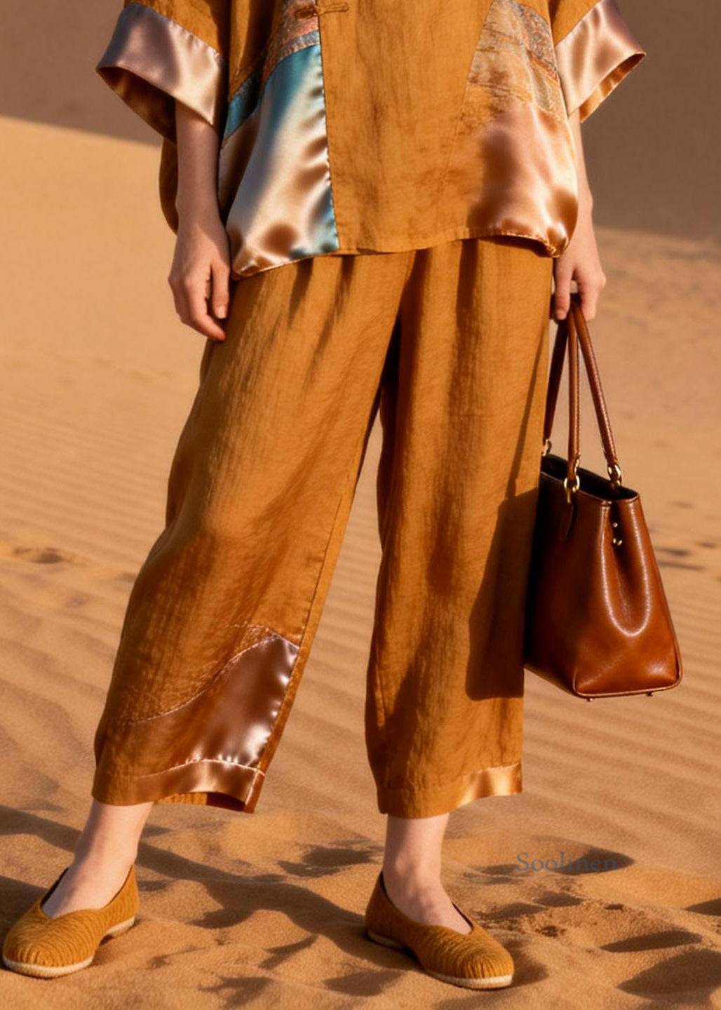 Brown Button Shirts and Crop Pants Silk Patchwork Two Pieces Set Half Sleeve