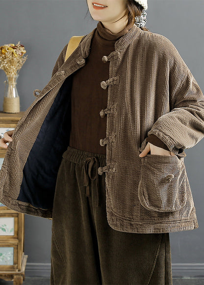 Brown Chinese Button Pockets Corduroy Coats Spring