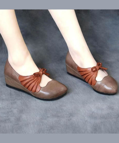 Brown Comfortable Cowhide Leather High Wedge Heels Shoes