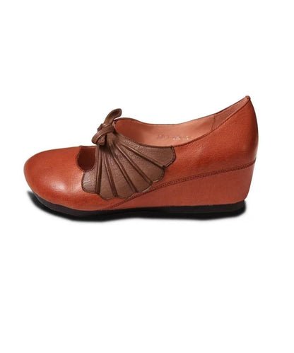 Brown Comfortable Cowhide Leather High Wedge Heels Shoes