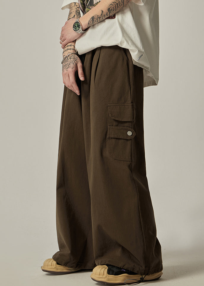 Brown Drawstring Pockets Cotton Wide Leg Pants Spring