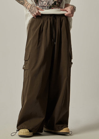 Brown Drawstring Pockets Cotton Wide Leg Pants Spring