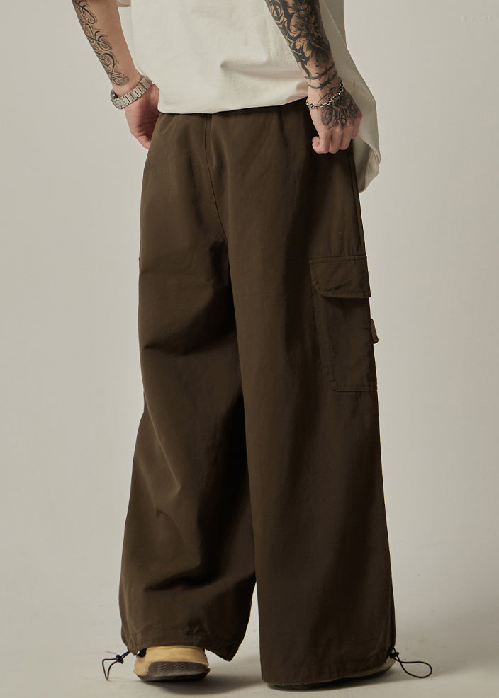 Brown Drawstring Pockets Cotton Wide Leg Pants Spring