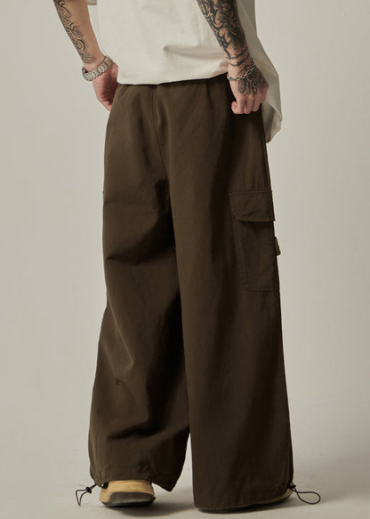Brown Drawstring Pockets Cotton Wide Leg Pants Spring
