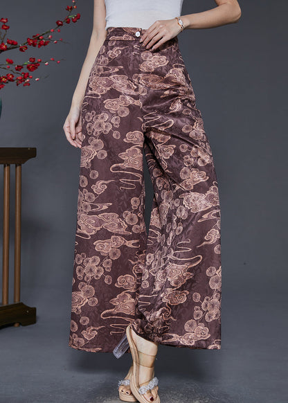 Brown Elastic Waist Print Silk Wide Leg Pants Spring