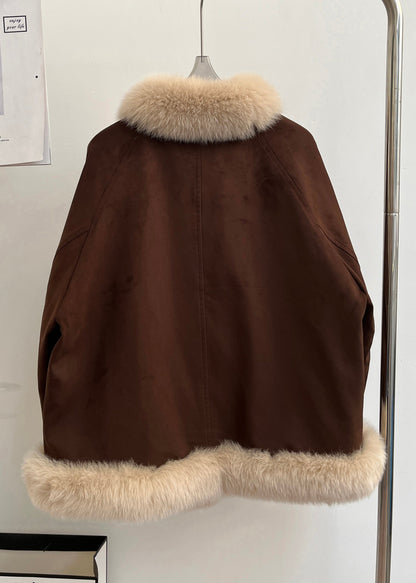 Brown Fox Collar Pockets Patchwork Duck Down Coats Winter