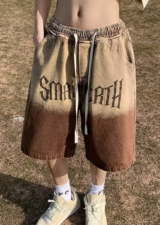 Brown Gradient Color Print Pockets Denim Shorts Summer