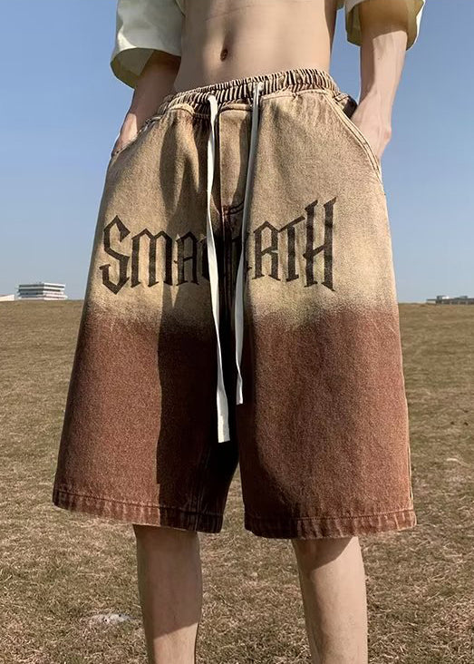 Brown Gradient Color Print Pockets Denim Shorts Summer