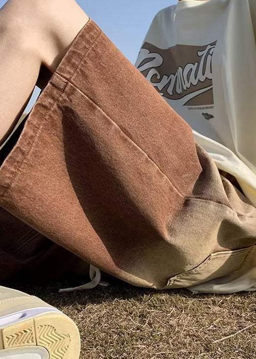 Brown Gradient Color Print Pockets Denim Shorts Summer