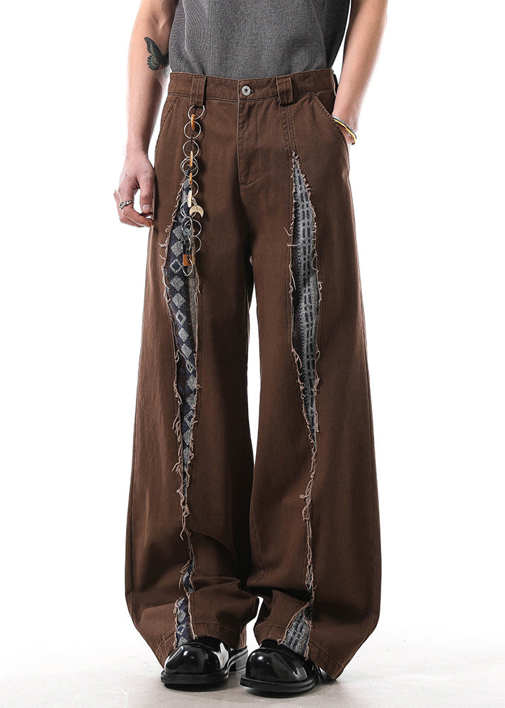 Brown Hole High Waist Patchwork Denim Pants Fall