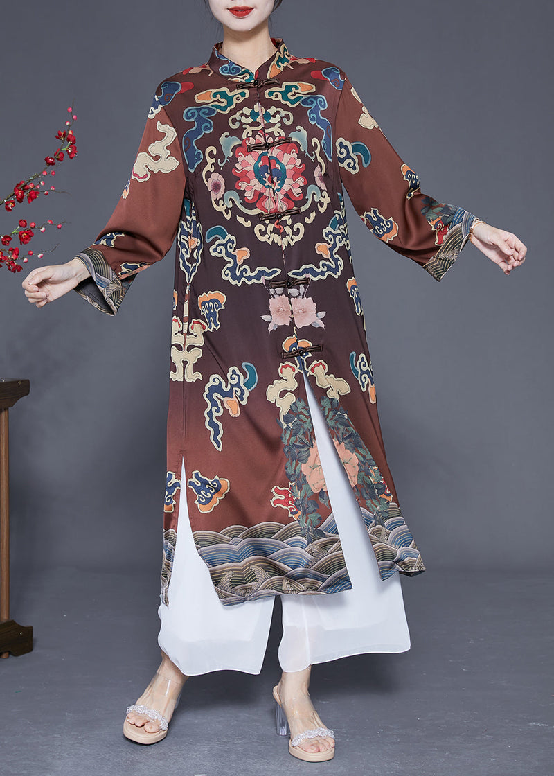 Brown Mandarin Collar Chinese Button Side Open Silk Trench Spring