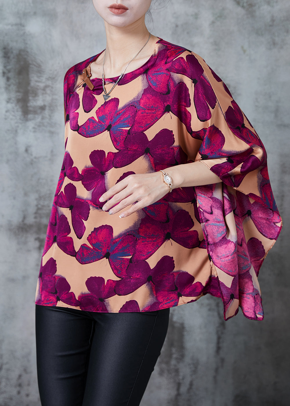 Vintage Brown Oversized Butterfly Silk Shirt Batwing Sleeve
