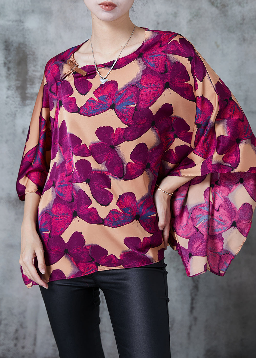 Vintage Brown Oversized Butterfly Silk Shirt Batwing Sleeve