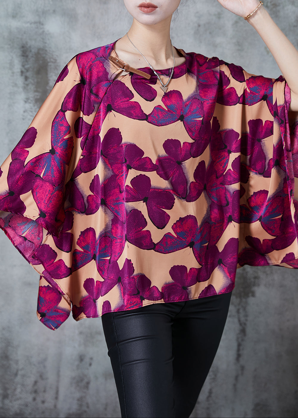 Vintage Brown Oversized Butterfly Silk Shirt Batwing Sleeve