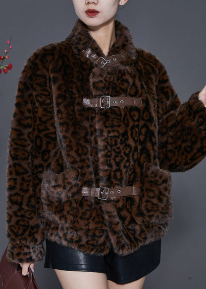 Brown Oversized Leopard Print Mink Velvet Jackets Spring