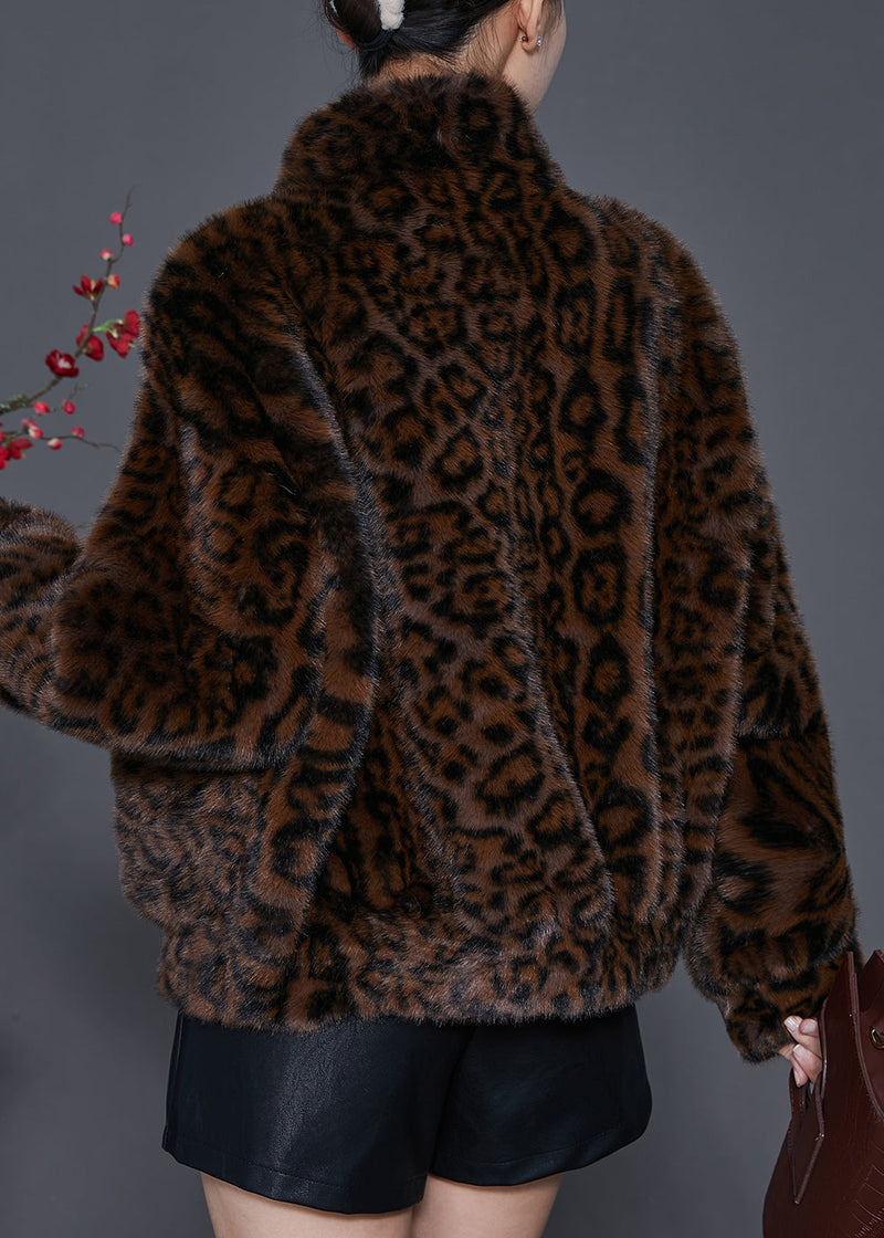 Brown Oversized Leopard Print Mink Velvet Jackets Spring