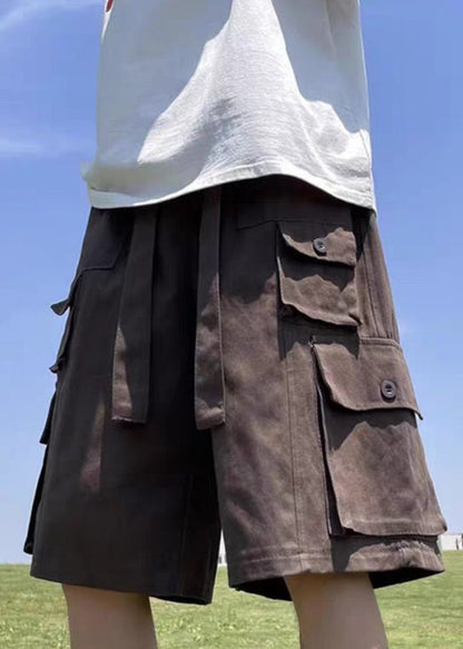 Brown Pockets Elastic Waist Cotton Shorts Summer