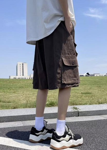 Brown Pockets Elastic Waist Cotton Shorts Summer