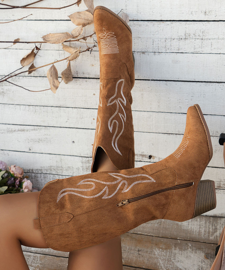 Brown Pointed Toe Zippered Splicing Suede Middle Boots