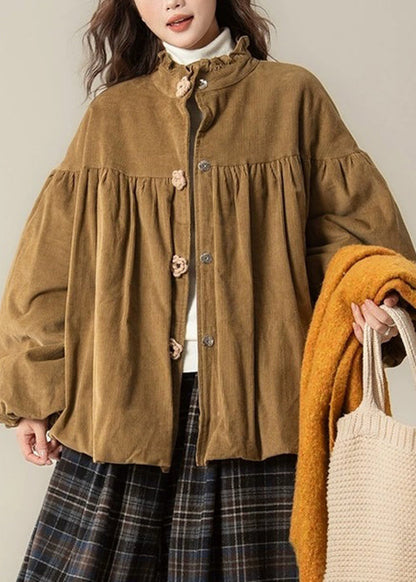 Brown Stand Collar Button Corduroy Cotton Filled Parkas
