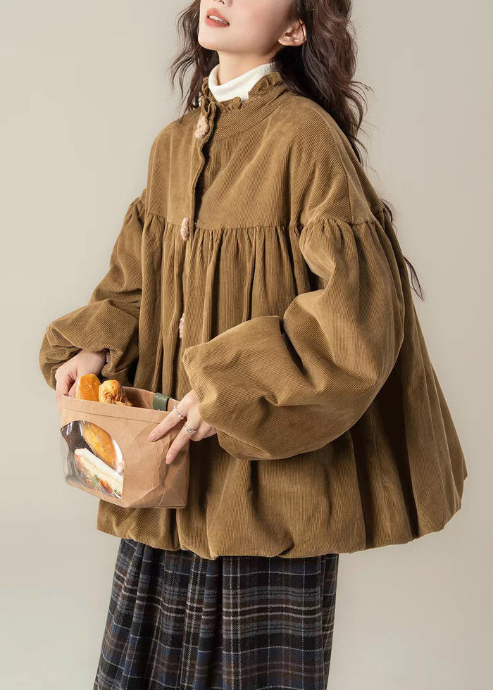 Brown Stand Collar Button Corduroy Cotton Filled Parkas