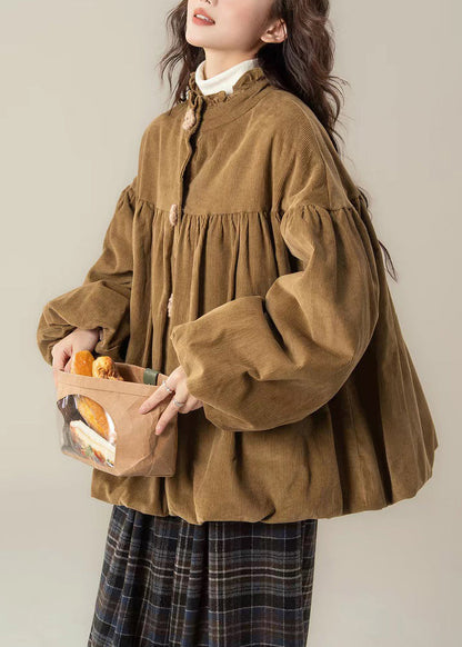Brown Stand Collar Button Corduroy Cotton Filled Parkas