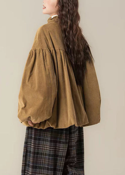 Brown Stand Collar Button Corduroy Cotton Filled Parkas