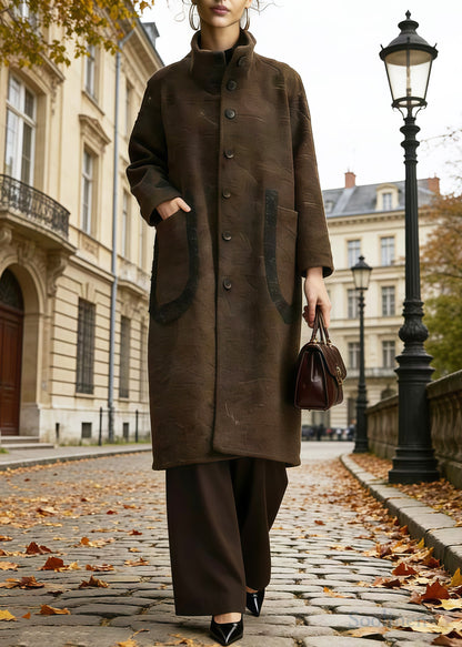 Brown Stand Collar Pockets Woolen Trench Winter