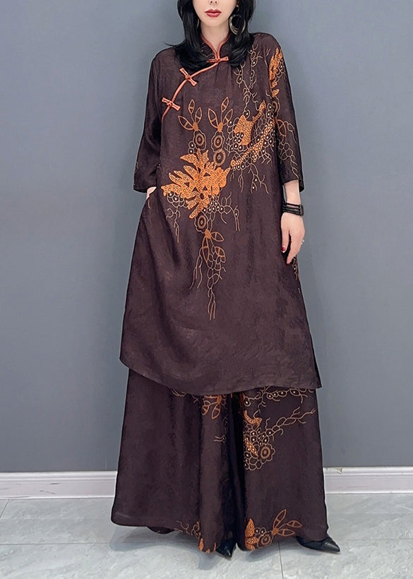 Brown Stand Collar Print Button Shirts and Wide Leg Pants Two Pieces Set Spring