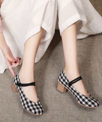 Buckle Strap Chunky High Heels Plaid Cotton Fabric
