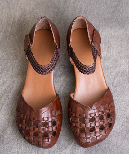 Buckle Strap Hollow Out Splicing Chunky Heel Brown Cowhide Leather
