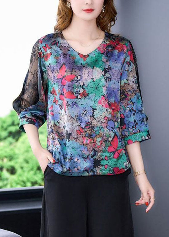 Butterfly Print V Neck Lace Patchwork Silk Tops Spring