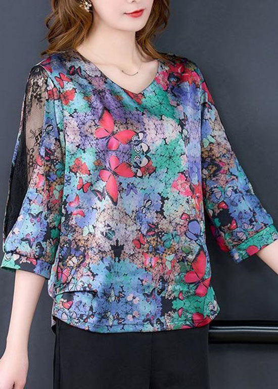Butterfly Print V Neck Lace Patchwork Silk Tops Spring