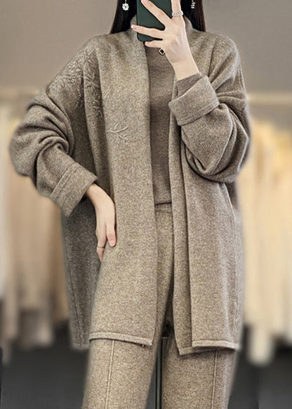 Camel Embroidered Patchwork Cozy Cashmere Cardigan Fall