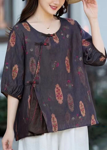 Camel O Neck Print Chinese Button Patchwork Cotton T Shirt Summer